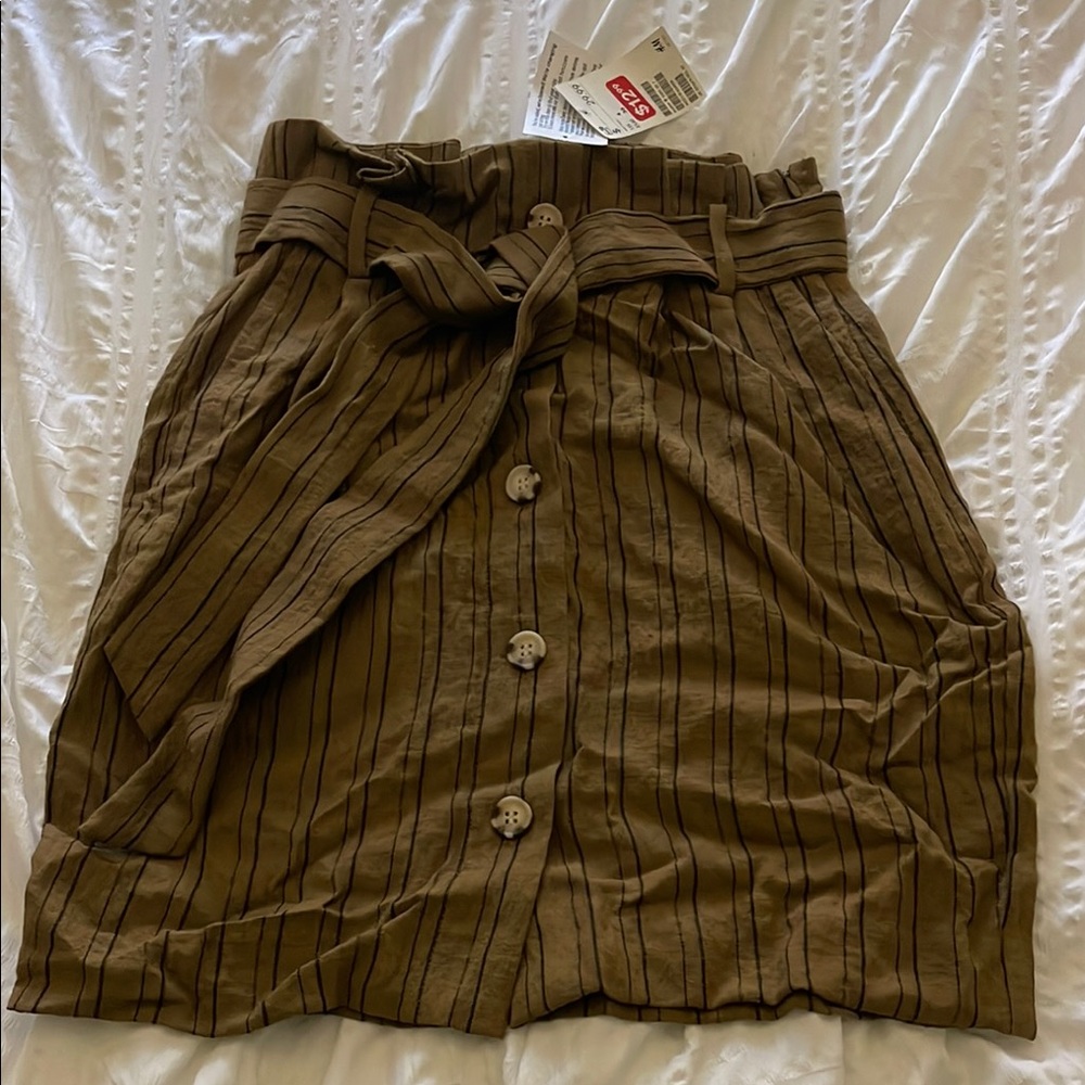 H&M Brown Striped Mini Skirt with Tie and Buttons
